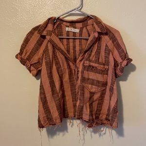 We The Free Distressed Button-up Crop Top Shirt